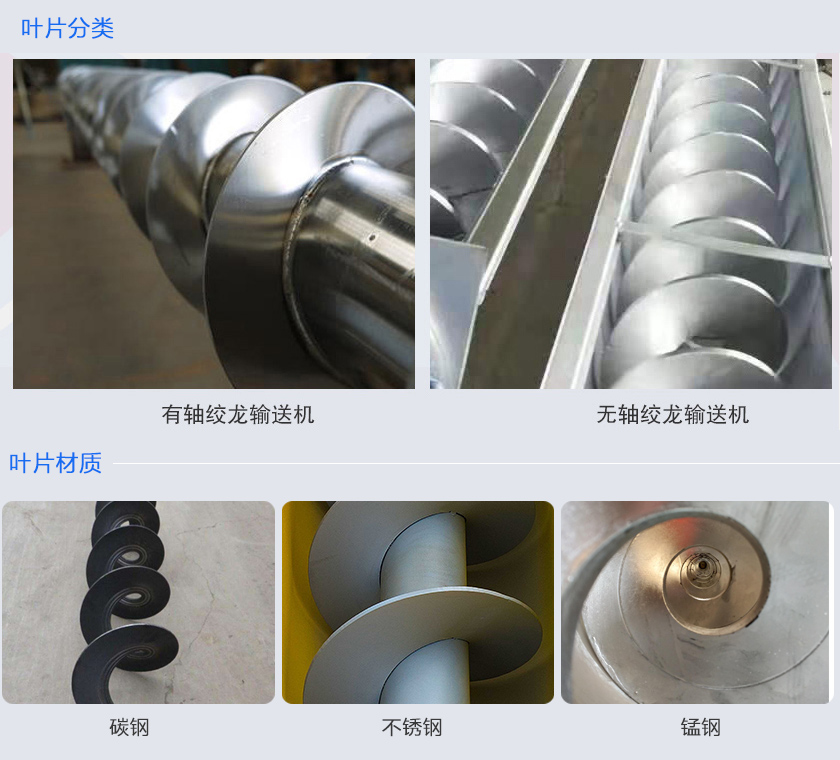 絞龍輸送機(jī)分為有軸和無(wú)軸絞龍輸送機(jī)，可根據(jù)物料不同選擇有碳鋼、不銹鋼、錳鋼等材質(zhì)。