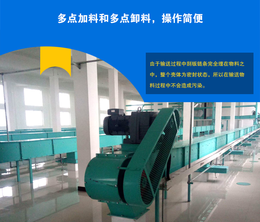 埋刮板輸送機(jī)可多點(diǎn)加料、卸料，輸送距離長(zhǎng)