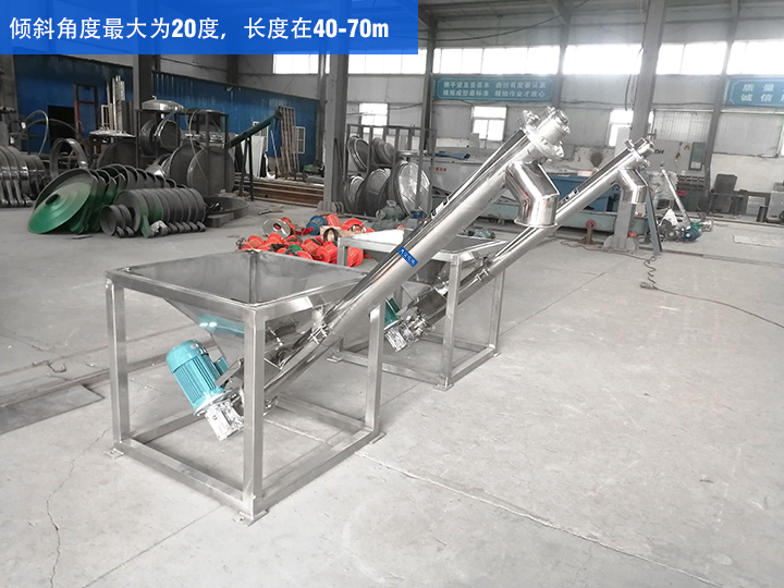 GX型絞龍輸送機(jī)傾斜角度最大為20度，長(zhǎng)度在40-70m